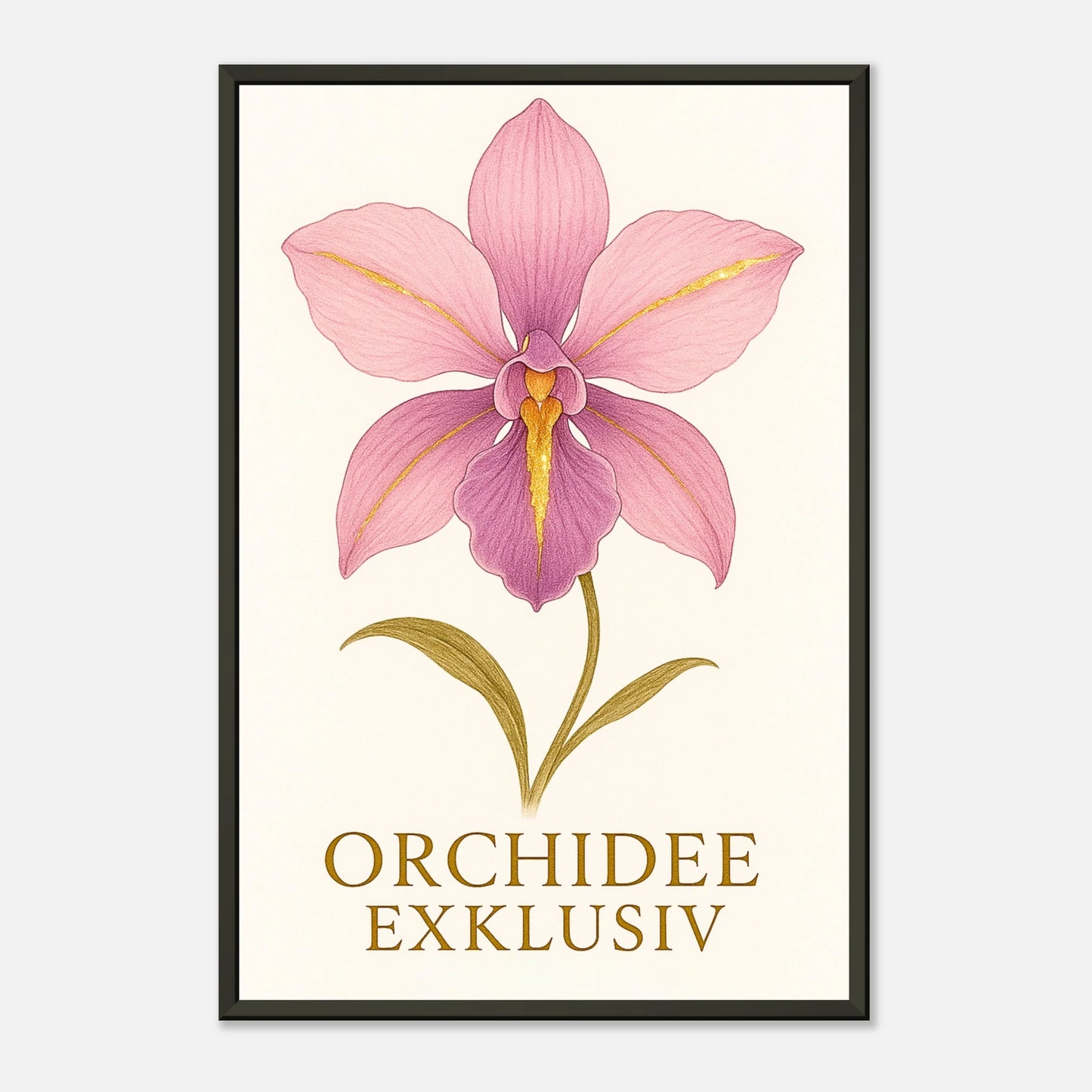 Detailansicht der zarten Orchideenblüte des Orchid Grace Posters – florale Kunst mit goldenen Details im schwarzen Metallrahmen.