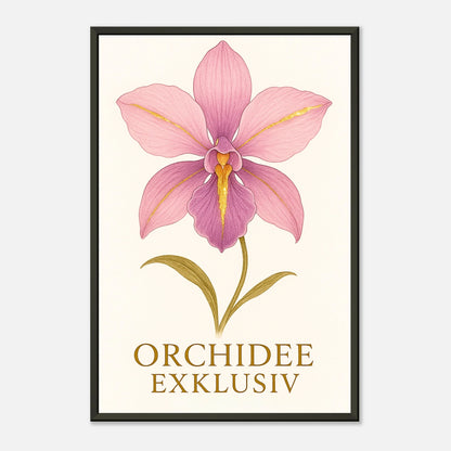 Detailansicht der zarten Orchideenblüte des Orchid Grace Posters – florale Kunst mit goldenen Details im schwarzen Metallrahmen.