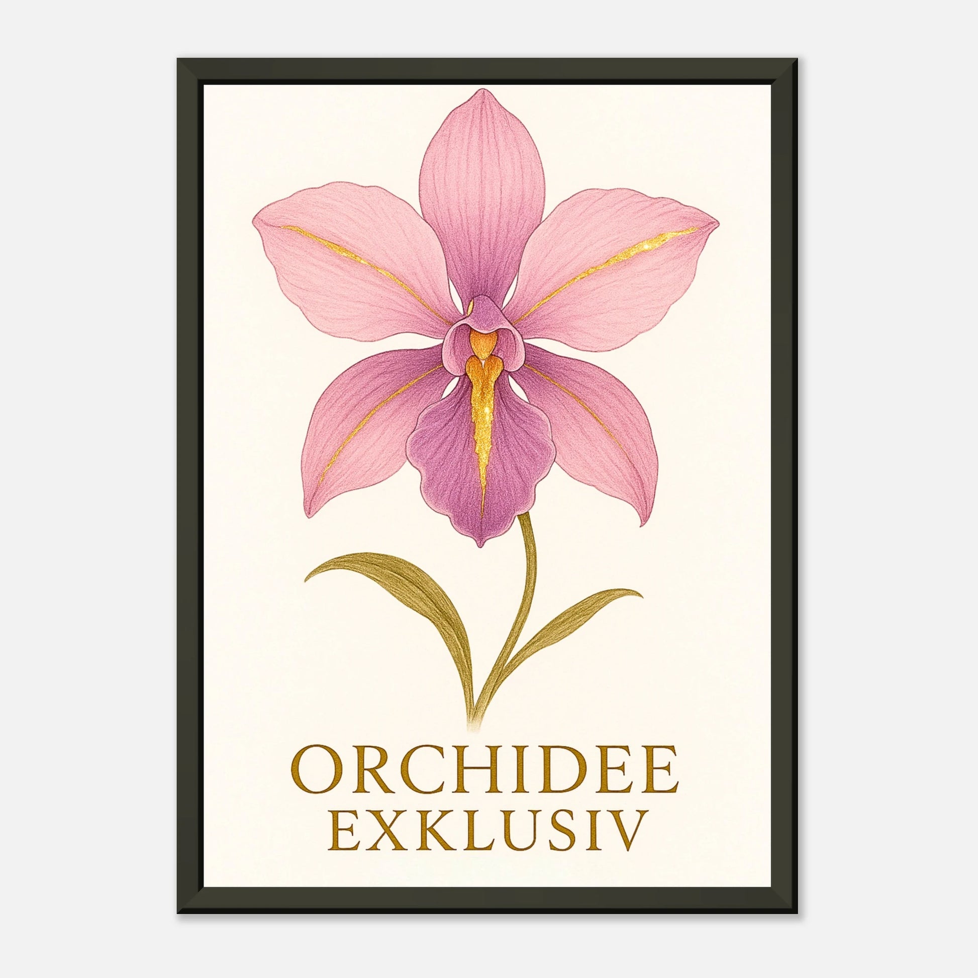 Orchid Grace Poster mit feiner Orchideenillustration und Schriftzug „Orchidee Exklusiv“. Botanische Wandkunst mit schwarzem Rahmen von Defa Designs.