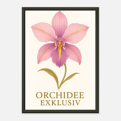 Orchid Grace Poster mit feiner Orchideenillustration und Schriftzug „Orchidee Exklusiv“. Botanische Wandkunst mit schwarzem Rahmen von Defa Designs.