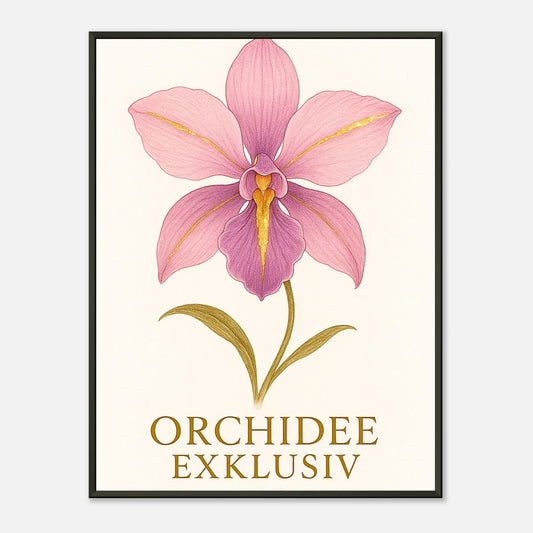 Orchid Grace Poster – elegante rosa Orchidee mit goldenen Akzenten im schwarzen Metallrahmen. Zeitloses florales Wandbild von Defa Designs.