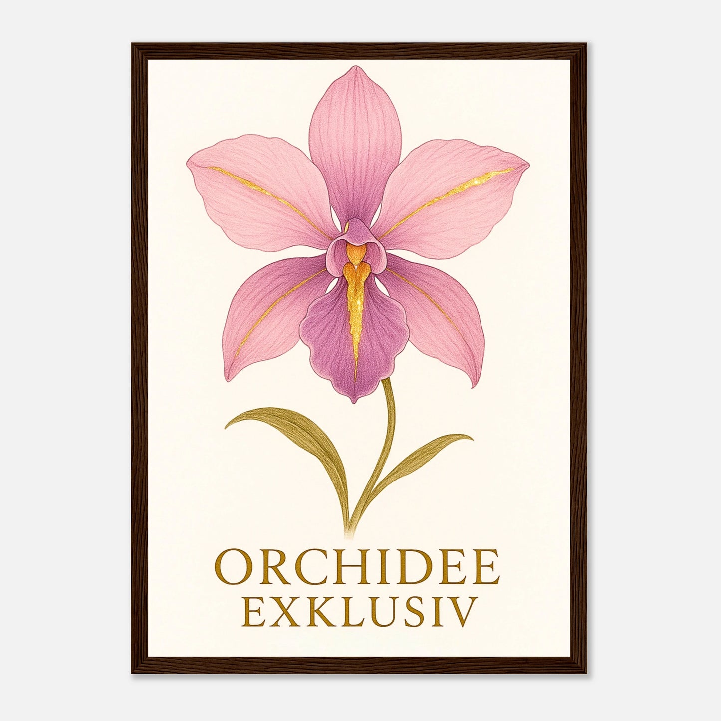 Orchid Grace Poster mit dunkelbraunem Holzrahmen – Orchideen Wanddeko in luxuriösem Design