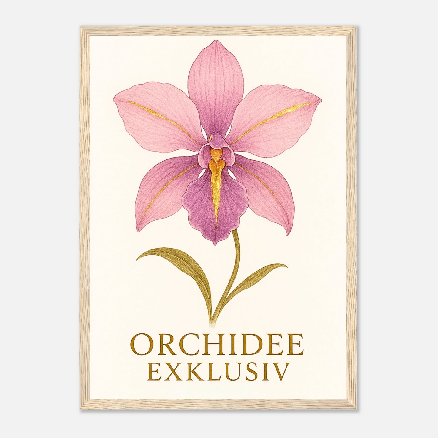 Orchid Grace Poster mit hellbraunem Holzrahmen – edles Orchideen Motiv für Wohnzimmer oder Büro