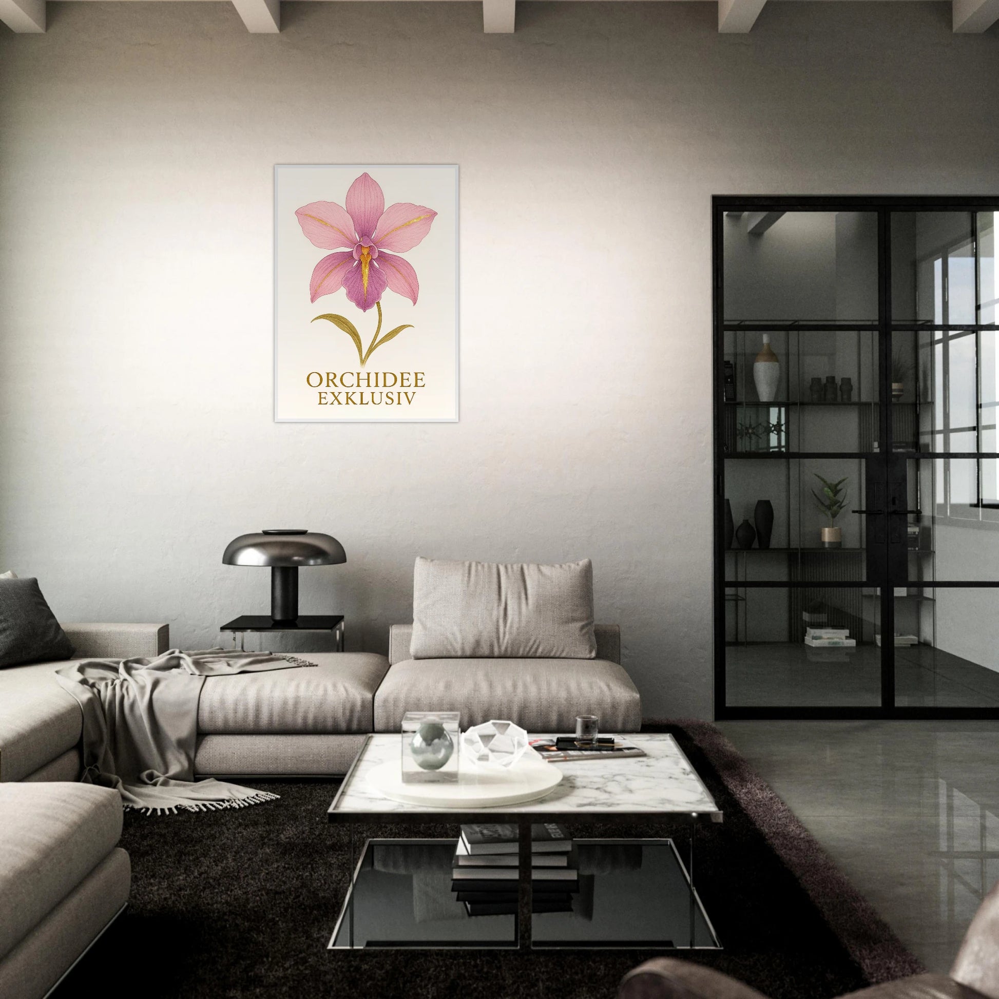 Orchid Grace Poster – Orchideen Wandbild über Sofa im modernen Wohnzimmer