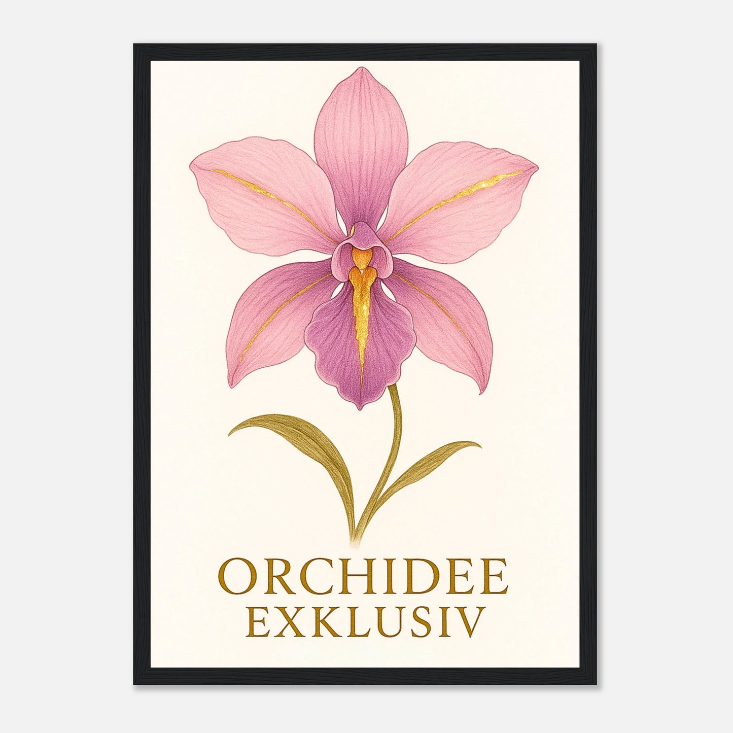 Orchid Grace Poster mit schwarzem Holzrahmen – elegante Orchideen Wandkunst in modernem Stil