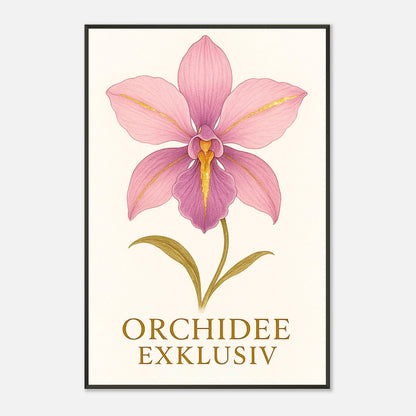 Orchid Grace Poster in angewinkelter Ansicht – luxuriöse florale Illustration mit sanften Farben, eingerahmt in Schwarz.