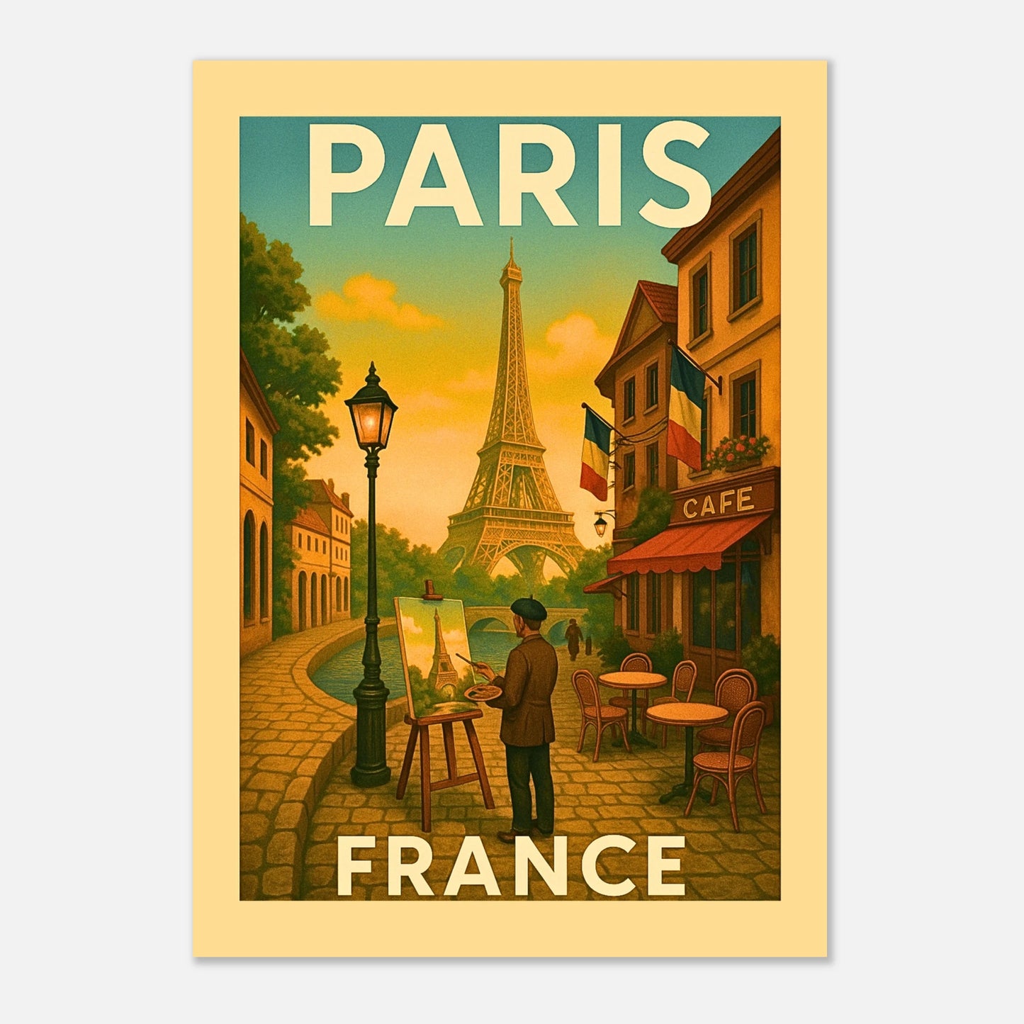 „Paris City Poster – France Wanddeko mit Eiffelturm Illustration, nostalgisches Art Print auf Holz“
