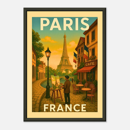 Retro Paris city wall art in black metal frame showing Eiffel Tower and charming French café street