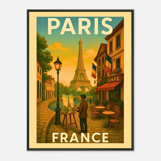 Vintage Paris France wall art poster in black metal frame featuring Eiffel Tower street café cityscape