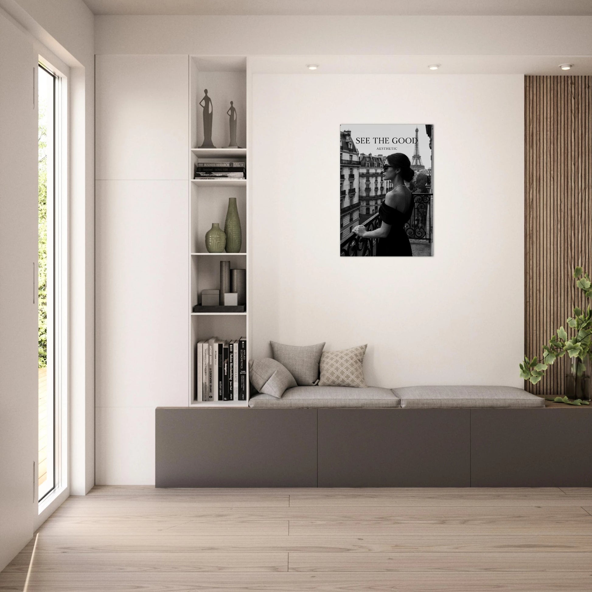 Schwarz-Weiß Paris Poster – elegante Wandkunst im modernen Wohnzimmer Interieur
