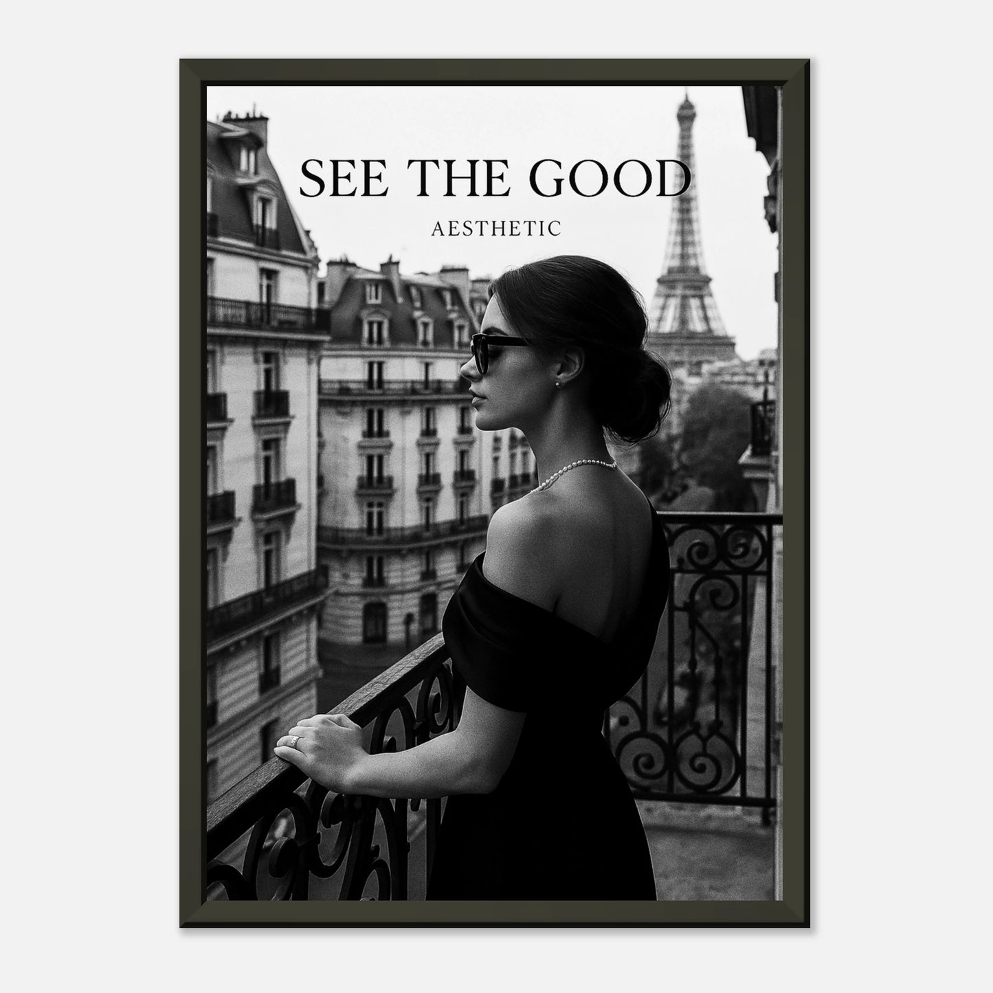 Paris Noir black and white Paris wall art poster in black metal frame, stylish female silhouette with Eiffel Tower background