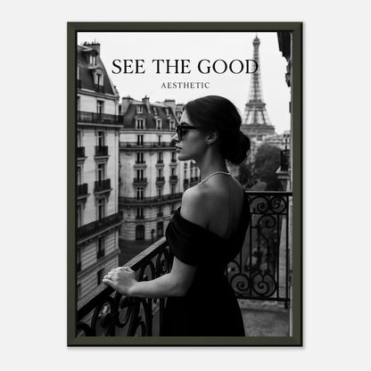 Paris Noir black and white Paris wall art poster in black metal frame, stylish female silhouette with Eiffel Tower background