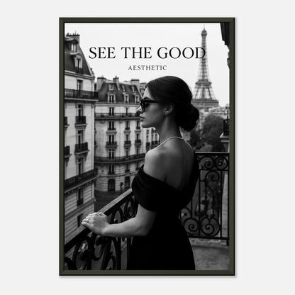 Monochrome Paris wall art poster in black metal frame, “See The Good” Paris Noir print with Eiffel Tower view