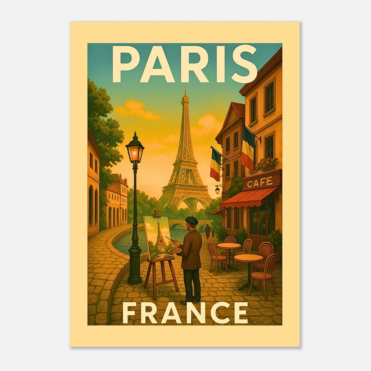 „Paris Poster – France Vintage Art Print mit Eiffelturm, Cafés und Künstler-Szene als Wanddeko“