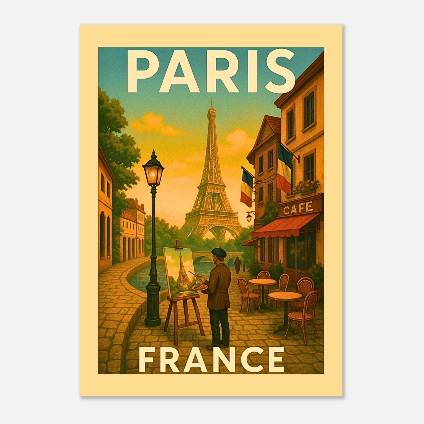 „Paris Wall Art Poster – France City Print mit Eiffelturm und Straßencafé, nostalgische Wandkunst“