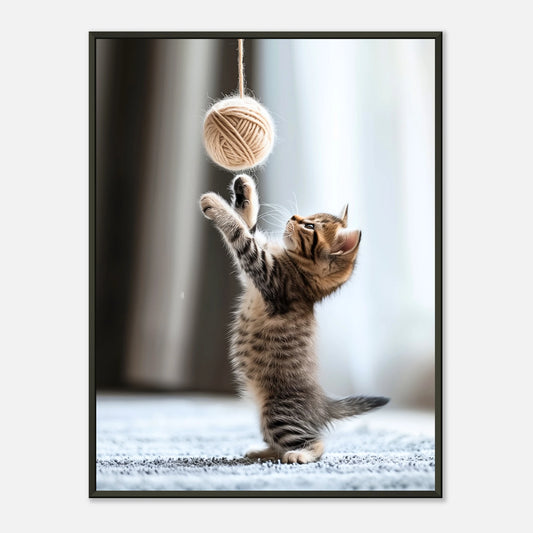 Paws & Play Poster – verspieltes Kätzchen greift nach Wollknäuel, stilvoll eingerahmt im schwarzen Metallrahmen. Perfekte Wandkunst für Tierliebhaber.