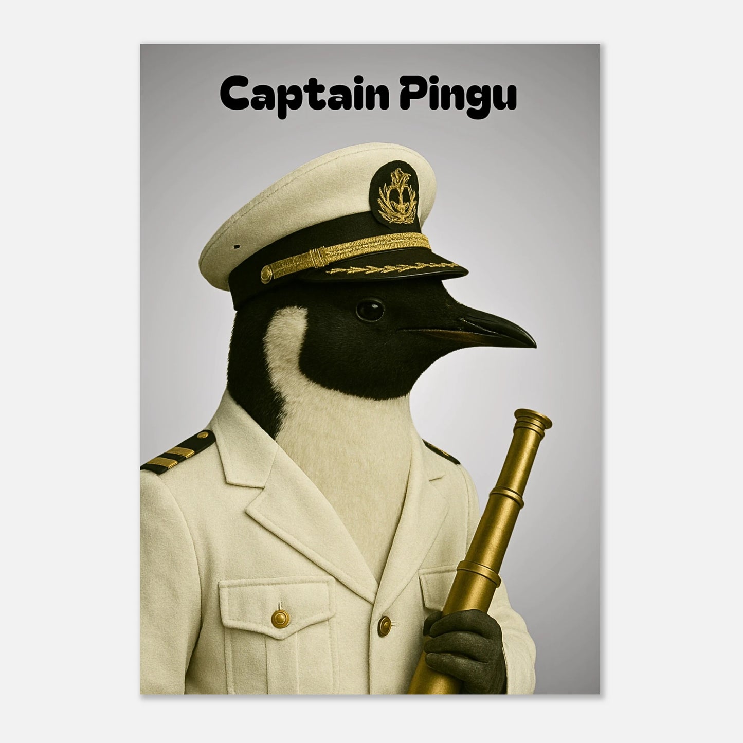 Captain Pingu Poster – nautischer Pinguin-Kunstdruck ohne Rahmen, auf Tisch präsentiert.
