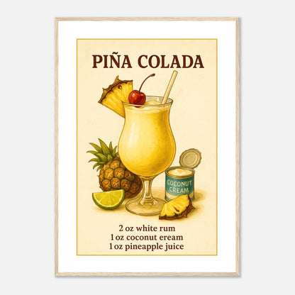 Piña Colada Poster im hellbraunen Holzrahmen – tropischer Cocktail mit frischer Ananas und Kokosnuss, sonniges Wandbild im Sommerstil für Küche, Esszimmer oder Bar – von Defa Designs.