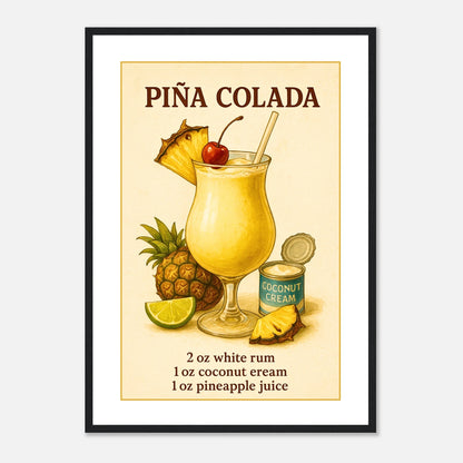 Piña Colada Poster im schwarzen Rahmen – tropisches Cocktail-Motiv mit Ananas, Kokosnuss und Glas, stilvolle Sommerkunst für Küche, Bar oder Wohnzimmer – von Defa Designs.