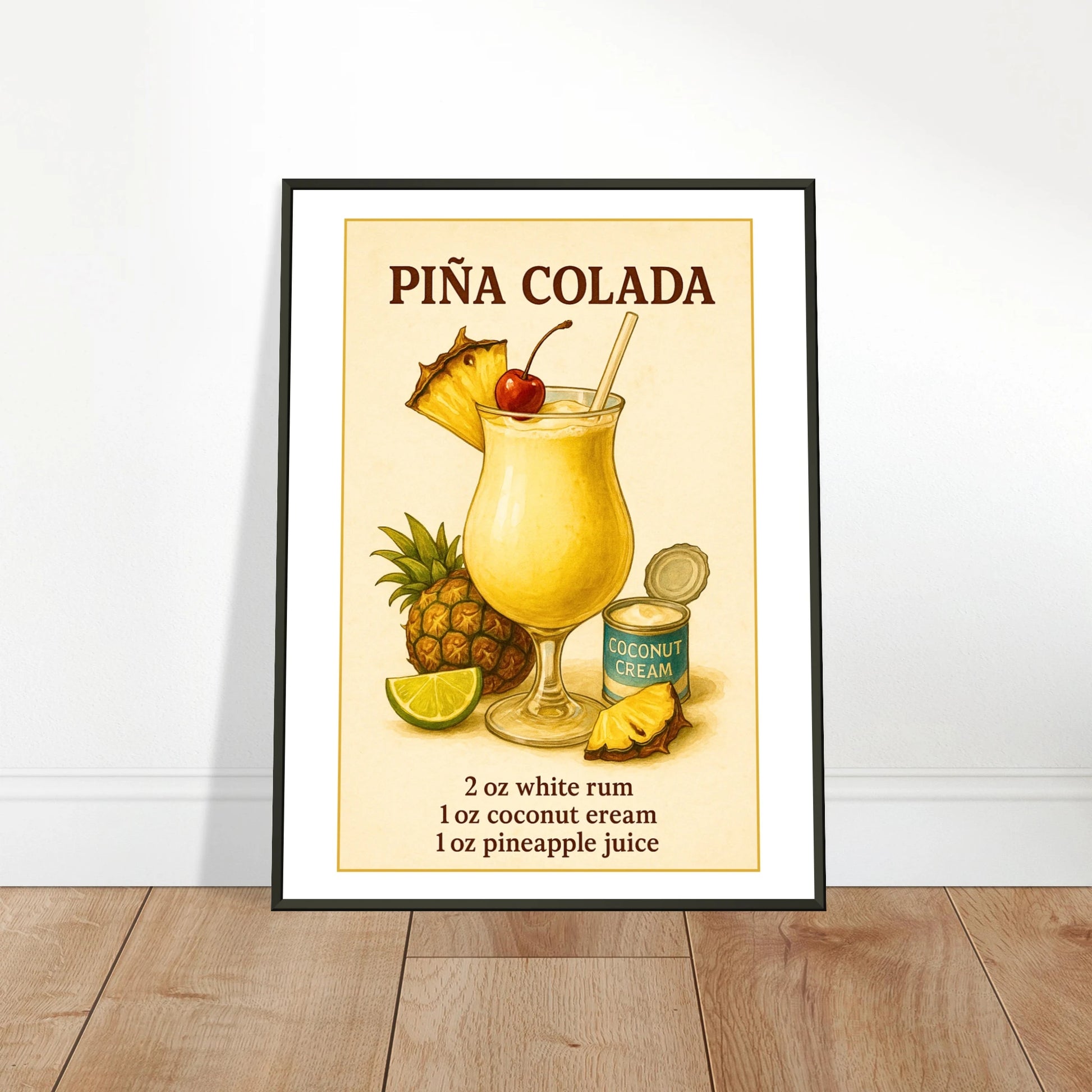 Piña Colada cocktail wall art poster leaning against wall in black metal frame modern kitchen decor mockup
