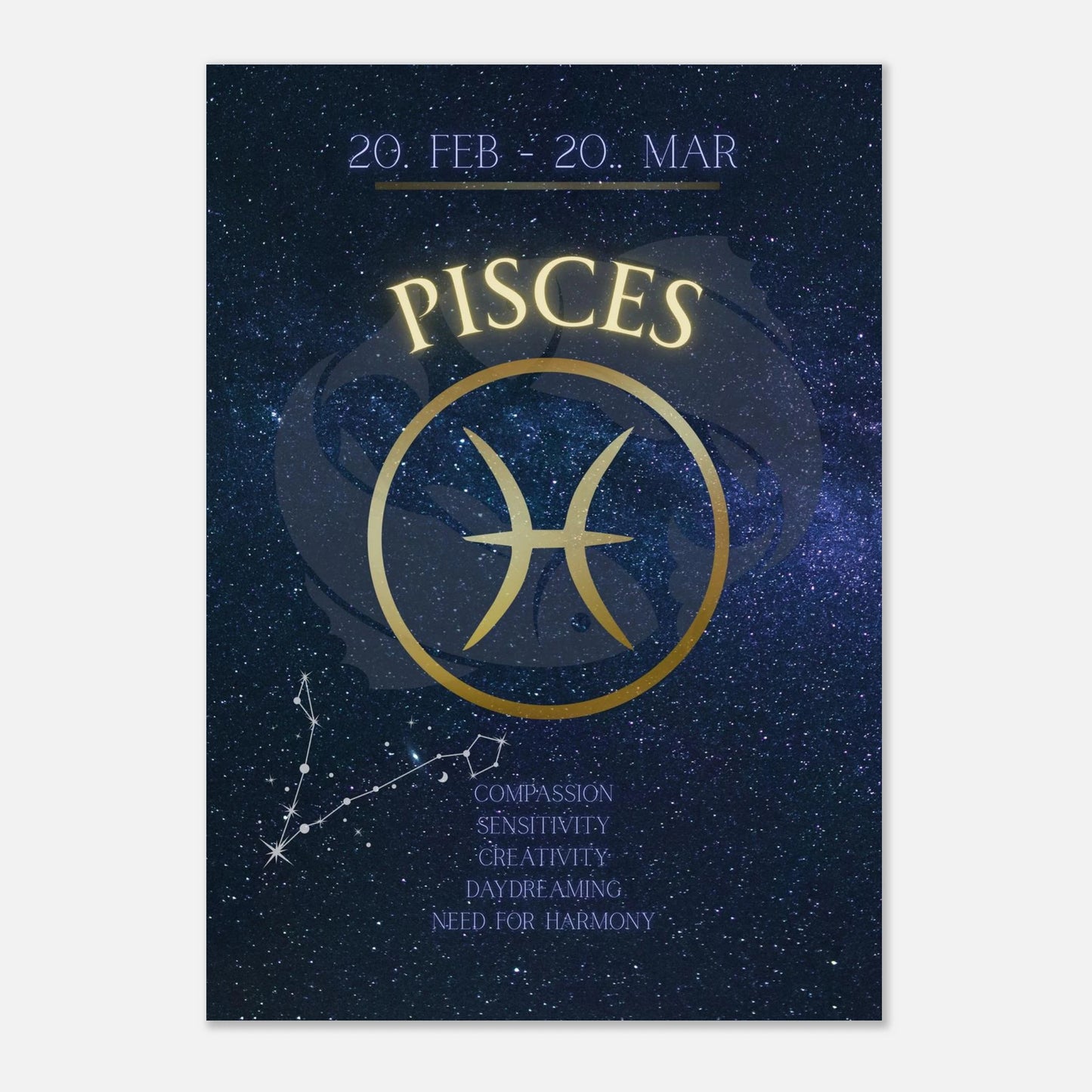 Stilvolles Pisces Sternzeichen-Poster – astrologische Wandkunst in edlem Design mit goldener Typografie und Sternbild