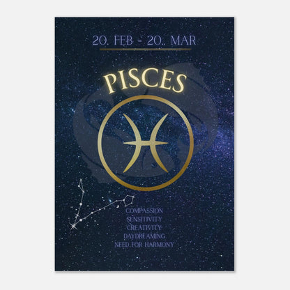Stilvolles Pisces Sternzeichen-Poster – astrologische Wandkunst in edlem Design mit goldener Typografie und Sternbild