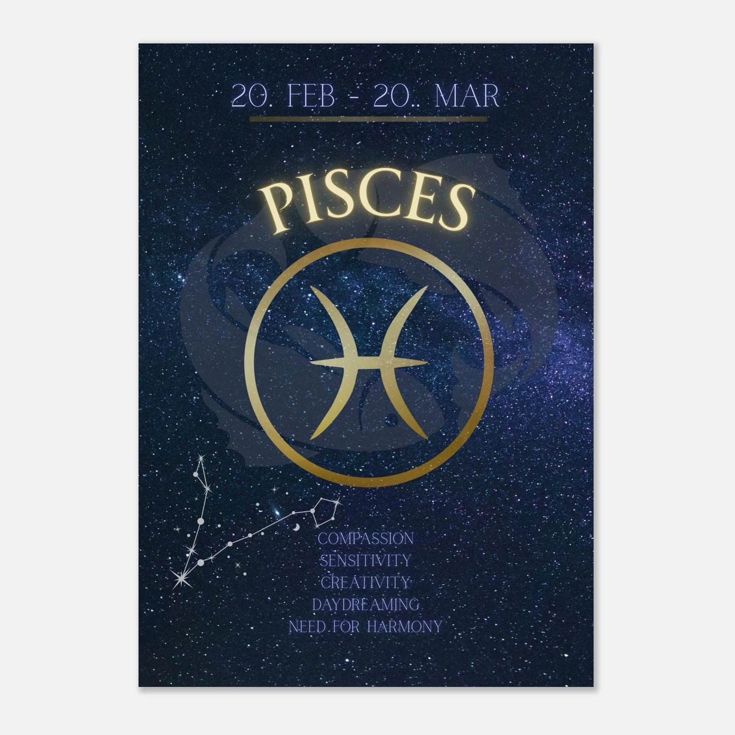 Dekoratives Pisces Sternzeichen-Poster mit astrologischem Thema – Wandprint in Blau-Gold mit Konstellation
