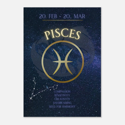 Dekoratives Pisces Sternzeichen-Poster mit astrologischem Thema – Wandprint in Blau-Gold mit Konstellation