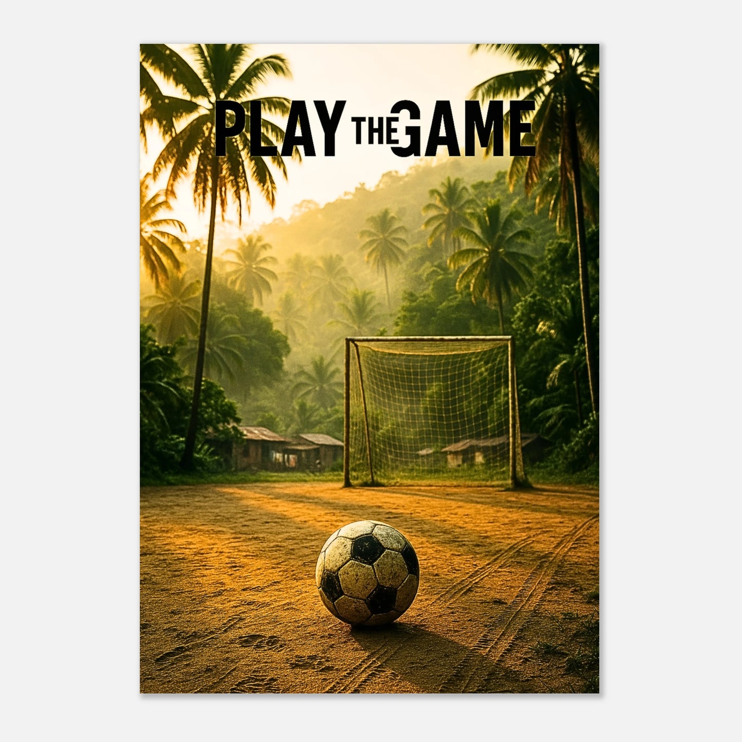 Detailansicht des „Play the Game“ Fußball Posters mit Tor unter Palmen, leuchtende Wandkunst für Sport- und Kunstliebhaber