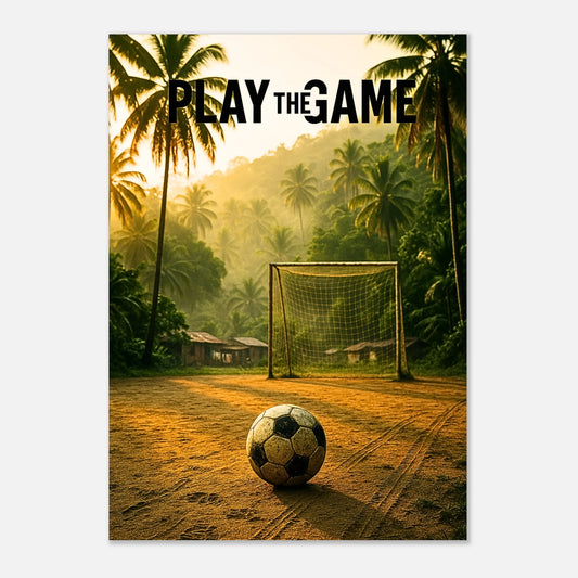 Fußball Poster „Play the Game“ – tropisches Tor mit Ball bei Sonnenuntergang, inspirierende Sports Wall Art für Spieler und Fans weltweit