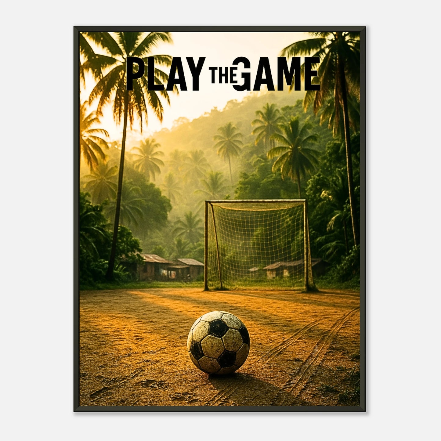 Play the Game Fußball Poster im schwarzen Metallrahmen | Tropisches Spielfeld mit Sonne und Palmen | Vintage Sportkunst von DEFA Designs