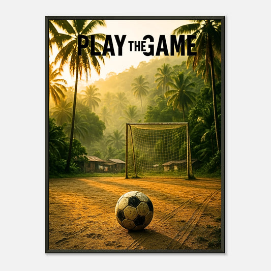 Play the Game Fußball Poster im schwarzen Metallrahmen | Tropisches Spielfeld mit Sonne und Palmen | Vintage Sportkunst von DEFA Designs