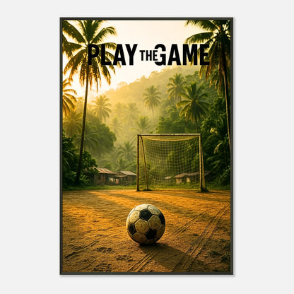 Play the Game Fußball Wandbild im schwarzen Metallrahmen | Vintage Sport Design mit Palmen und Tor | DEFA Designs