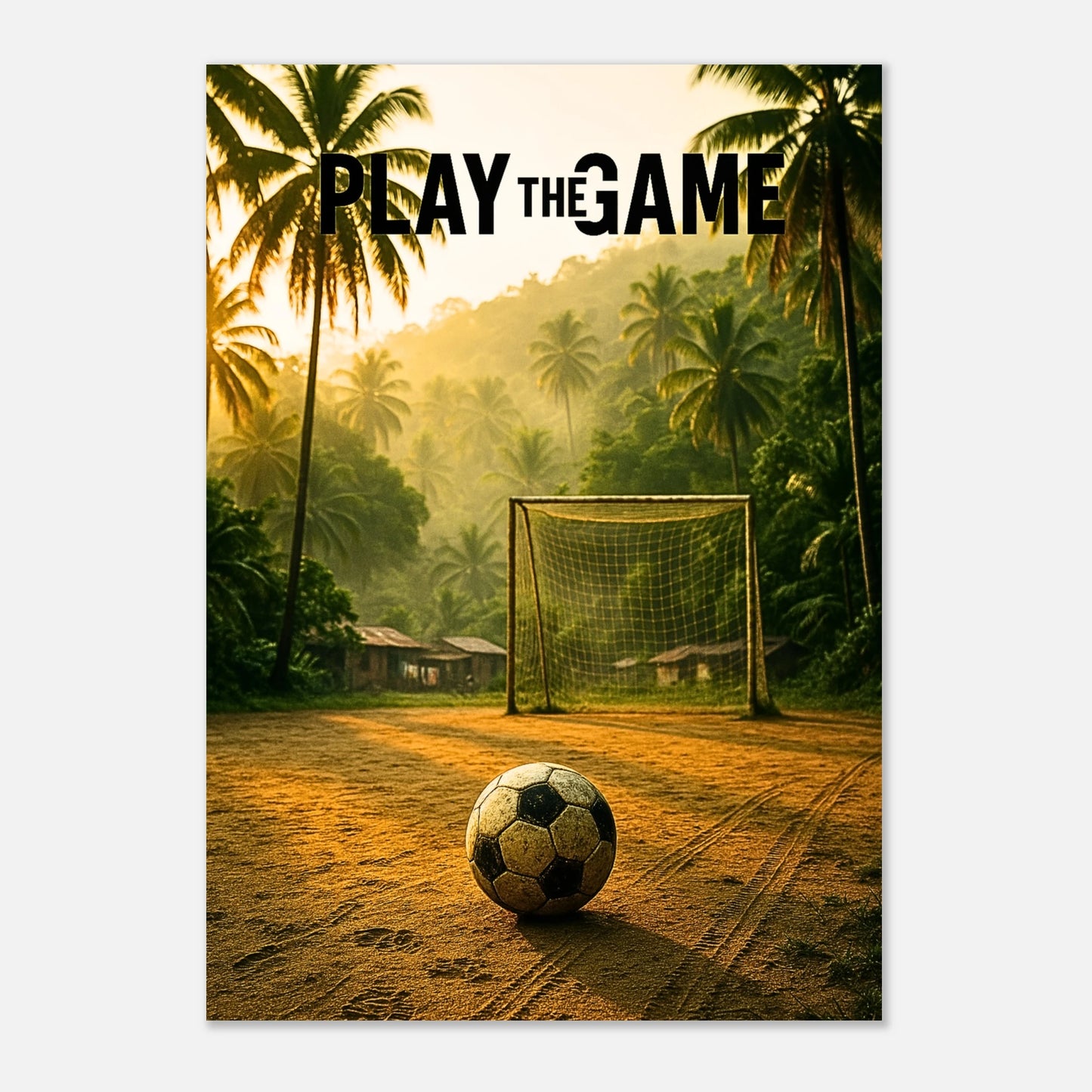 Vintage Fußball Poster „Play the Game“ in tropischer Landschaft, hochwertige Sport Wanddekoration für Fußball- und Sportbegeisterte