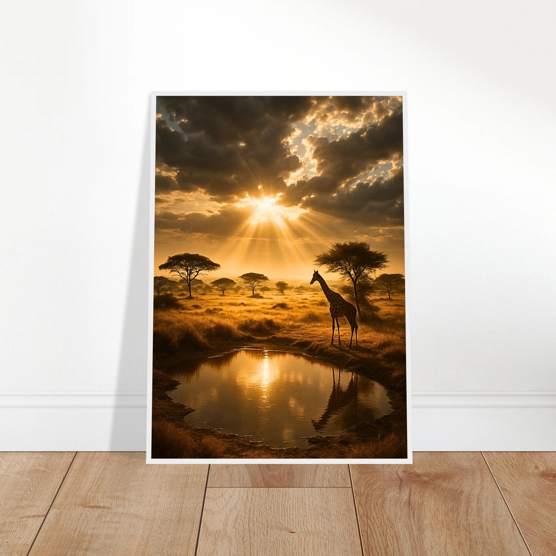 Großes Poster mit afrikanischem Sonnenuntergang und Giraffe – angelehnt an die Wand, modernes Interior Mockup