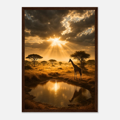 Afrikanische Landschaft mit Giraffe im dunklen Holzrahmen – stilvolles Naturposter für moderne Räume
