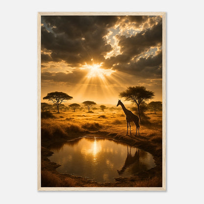Wandposter mit Giraffe und Sonnenuntergang in hellem Holzrahmen – Naturkunst für Wohnzimmer & Büro