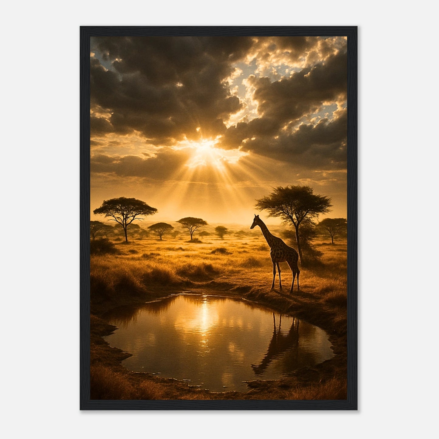 Naturposter Savanne mit Giraffe im schwarzen Rahmen – moderner Wanddekorationsstil