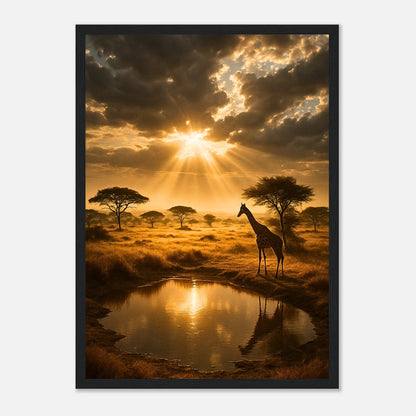 Naturposter Savanne mit Giraffe im schwarzen Rahmen – moderner Wanddekorationsstil