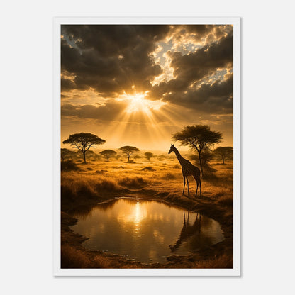 Poster mit Giraffe und Sonnenuntergang in weißem Rahmen – elegantes Wandbild für Wohn- und Schlafbereich