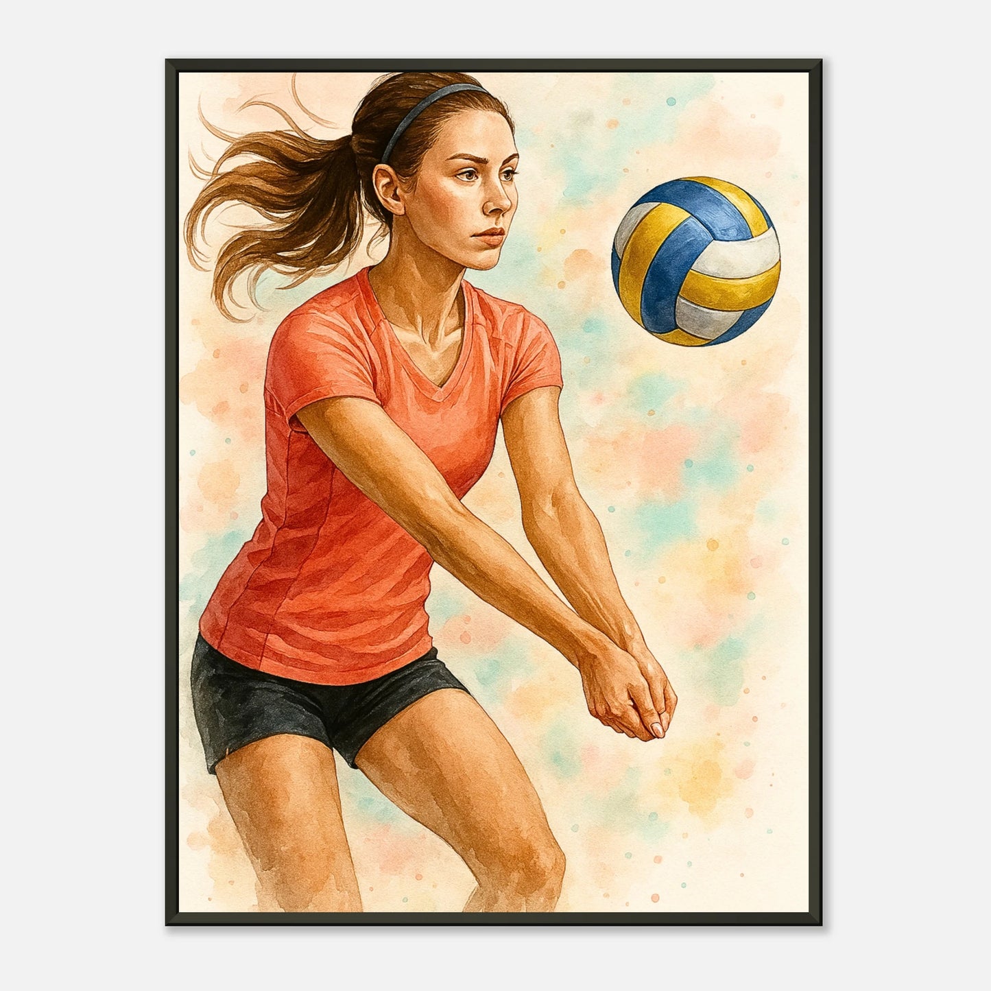 „Power & Grace“ Volleyball Poster im schwarzen Metallrahmen – elegante Aquarell-Kunst für Sportfans und Athletinnen | DEFA Designs