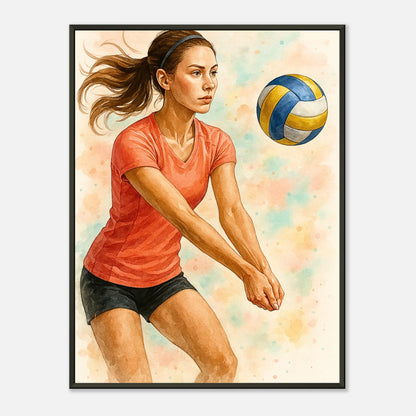 „Power & Grace“ Volleyball Poster im schwarzen Metallrahmen – elegante Aquarell-Kunst für Sportfans und Athletinnen | DEFA Designs