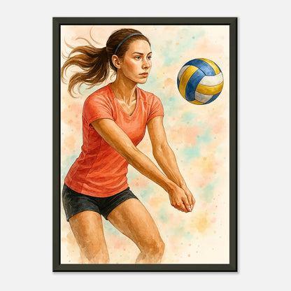„Power & Grace“ Aquarell Volleyball Poster – dynamische Wandkunst mit weiblicher Spielerin in Aktion | DEFA Designs