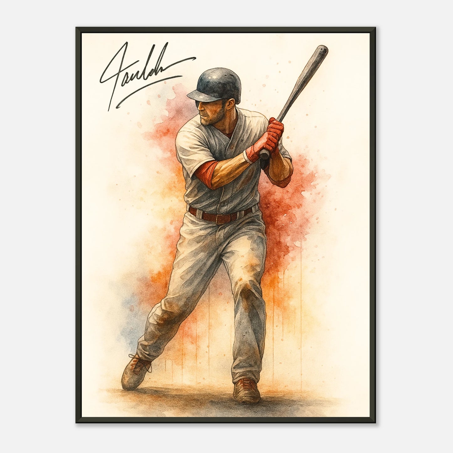Power at the Plate Poster – Baseballspieler kurz vor dem Schlag, dynamische Sportkunst im schwarzen Metallrahmen | DEFA Designs