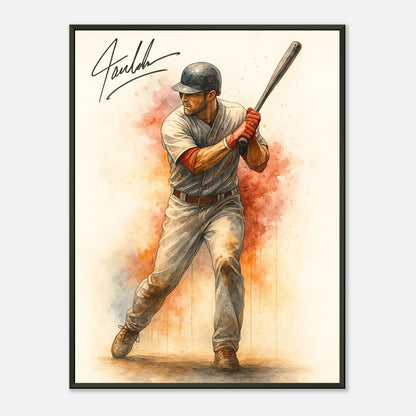 Power at the Plate Poster – Baseballspieler kurz vor dem Schlag, dynamische Sportkunst im schwarzen Metallrahmen | DEFA Designs