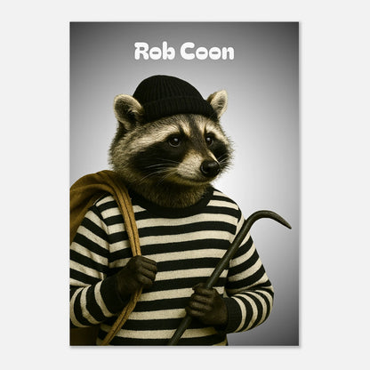 Rob Coon Poster – lustiger Waschbär-Kunstdruck ohne Rahmen, auf Tisch präsentiert.