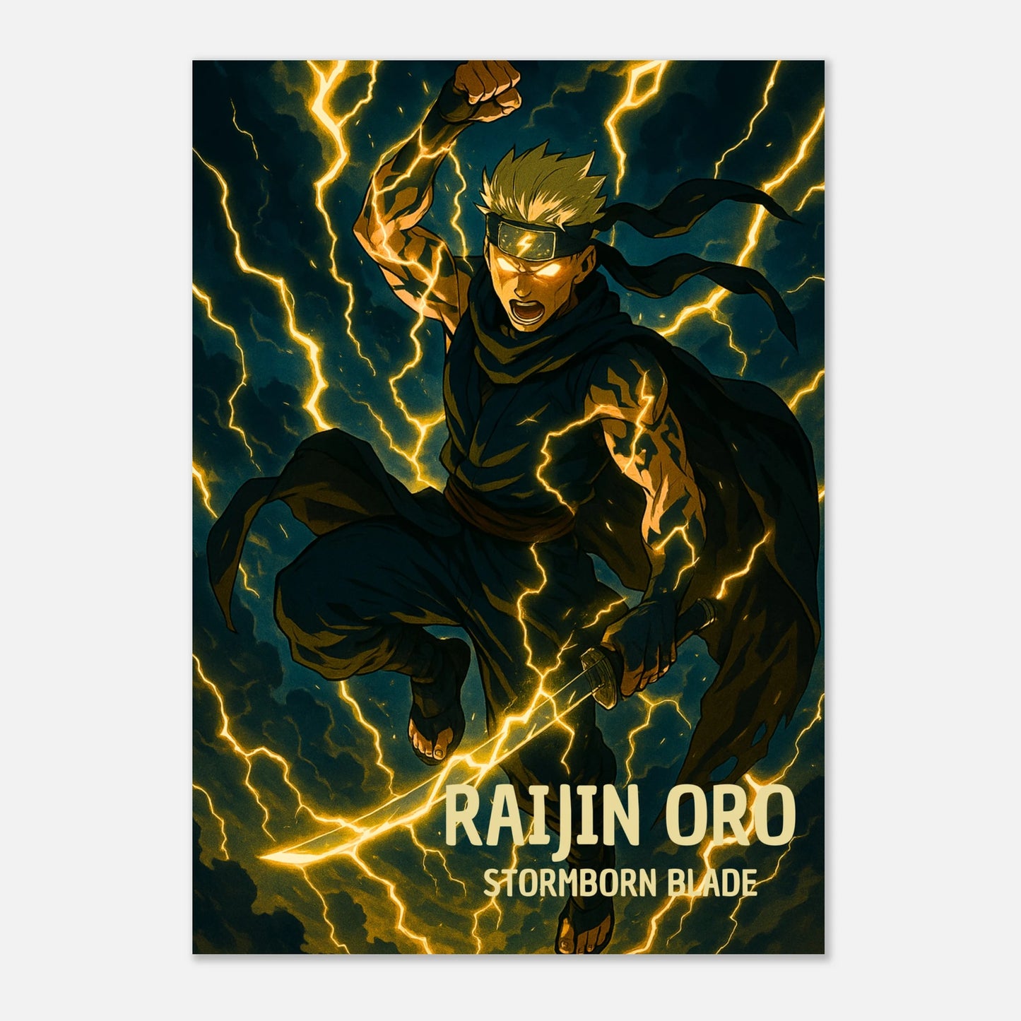 Anime Poster Raijin Oro als Wanddeko im Wohnzimmer – epische Anime Wandkunst mit Blitz-Design in dunklen Farben