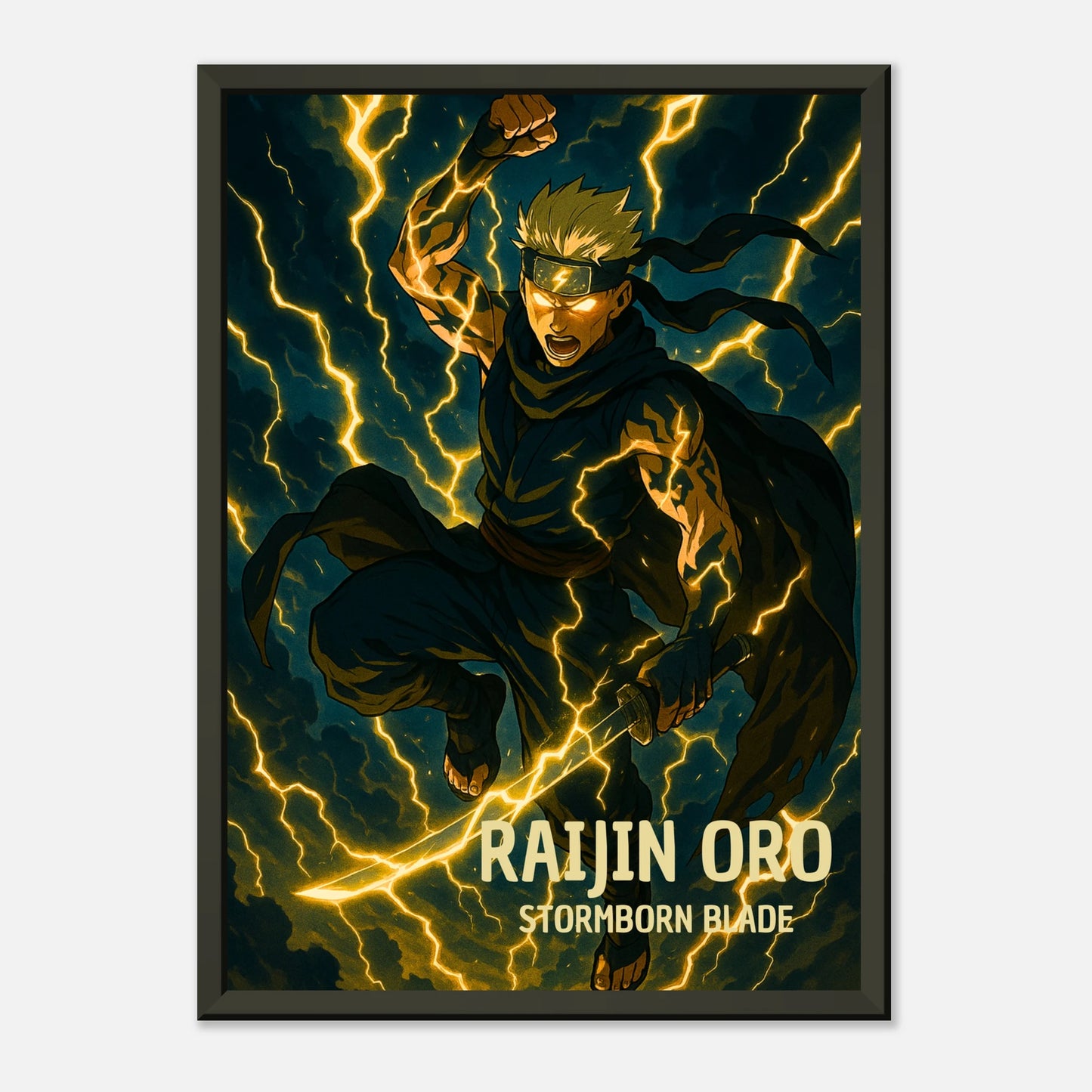 „RAIJIN ORO“ Anime-Poster – elektrisierendes Kunstwerk eines Ninja-Kriegers mit Blitzenergie | DEFA Designs