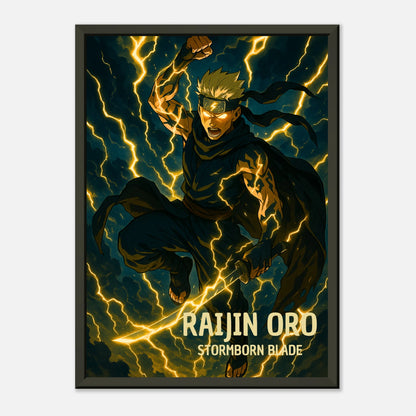 „RAIJIN ORO“ Anime-Poster – elektrisierendes Kunstwerk eines Ninja-Kriegers mit Blitzenergie | DEFA Designs