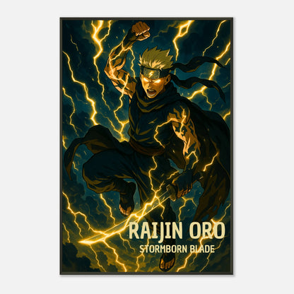 „RAIJIN ORO“ Poster im schwarzen Metallrahmen – epische Anime-Kunst mit goldener Blitzkraft | DEFA Designs